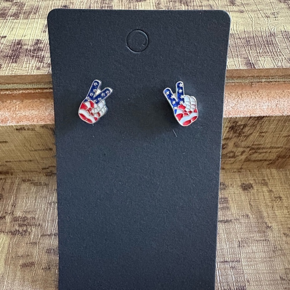 Source Unknown Red, Blue, and Silver Peace Sign Earrings